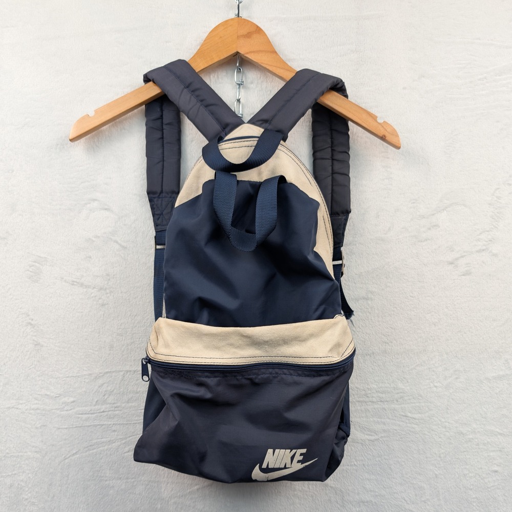 Vintage Nike Navy and Cream Backpack Athletic Bag Nylon Canvas White Tag 70s 80s
